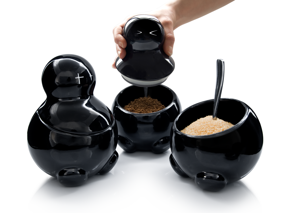 LEX, SETH & CARRIE Ceramic storage jars in black for tea sugar and coffee