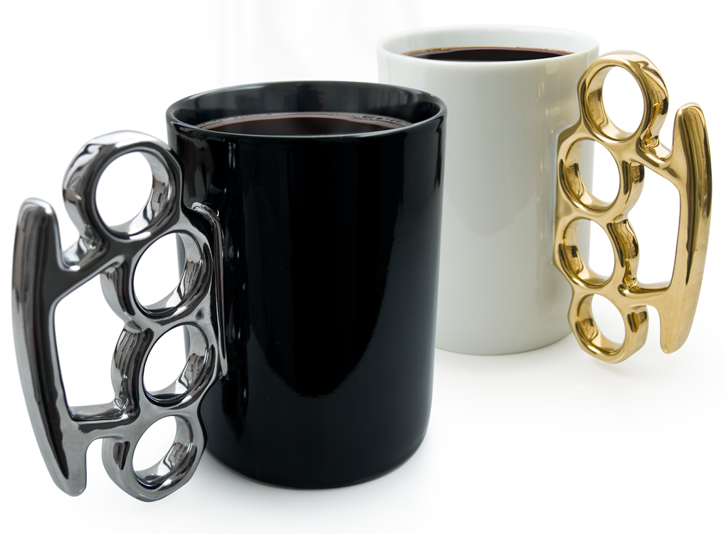 Knuckle Duster / Brass Knuckle mugs in black and silver and white and gold by THABTO