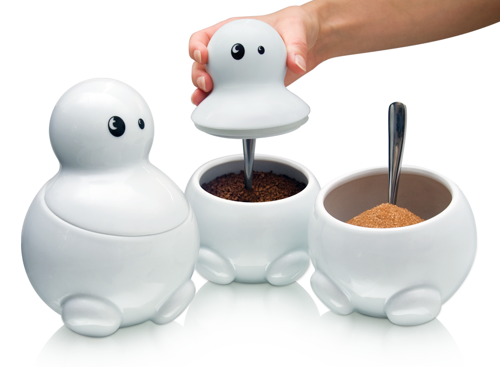 TOM, DICK & HARRY tea sugar and coffee white ceramic storage jars by THABTO