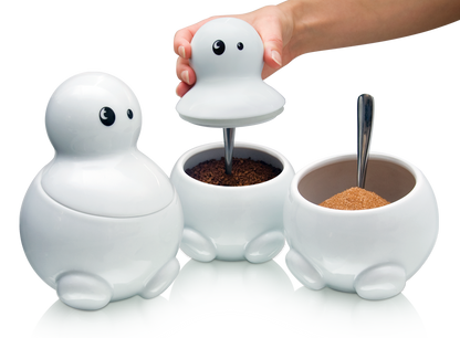 TOM, DICK & HARRY tea sugar and coffee white ceramic storage jars by THABTO
